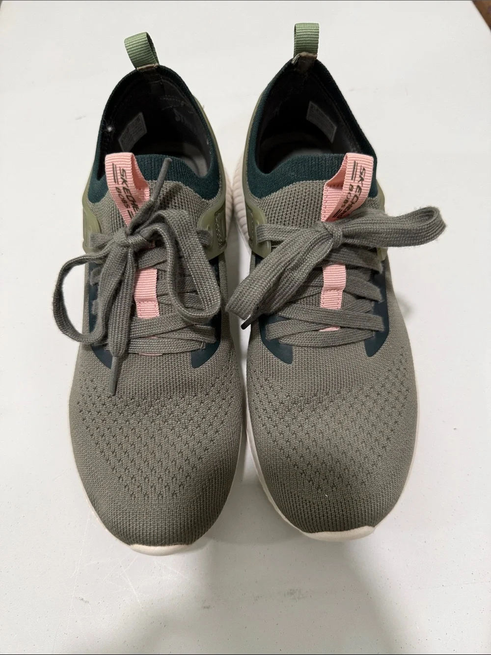 Skechers Women's Olive Green Knit Sneakers with Pink Accents